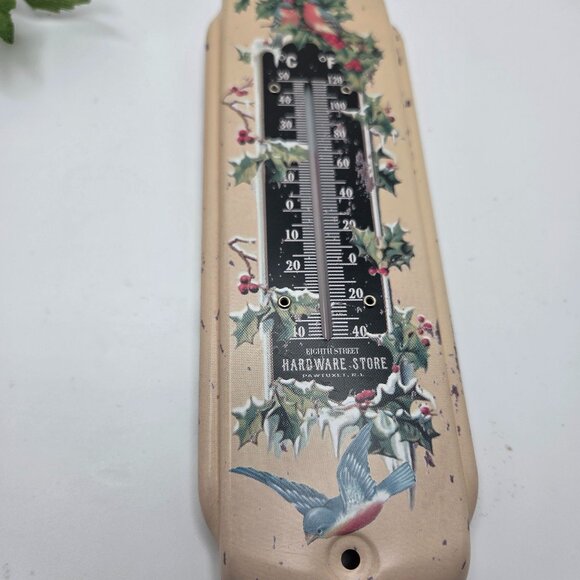 Vintage Rustic Tin Hardware Store Blue Bird Christmas Greetings Thermometer 8" - Picture 1 of 9